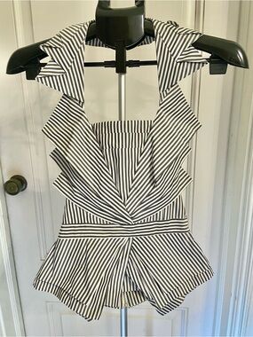 UNIQUE Karen Millen Black & White Striped Ruffle Halter Top